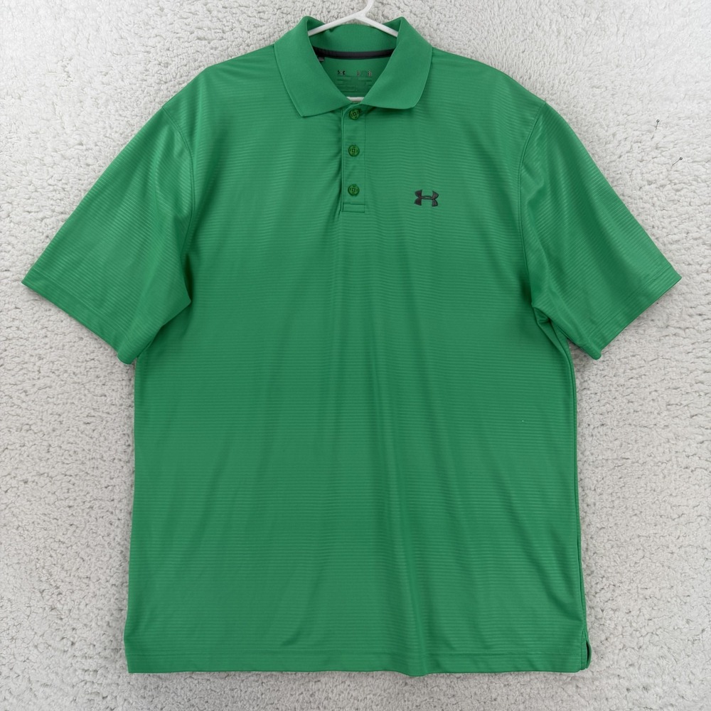Under Armour Polo Shirt Mens XL Green Stripe 100% Polyester Golf Performance Top